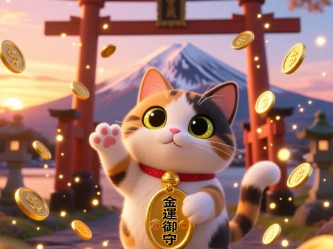 Cute Lucky Cat Waving with Gold Coins at Japanese Shrine