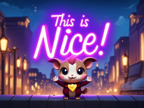 Cute Magical Creature with Neon 'This is Nice!' Sign