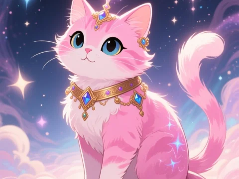 Cute Magical Pink Cat with Jewels in a Fantasy Sky