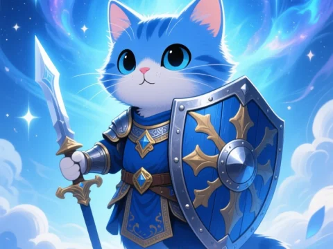 Cute Medieval Cat Knight in Blue Armor