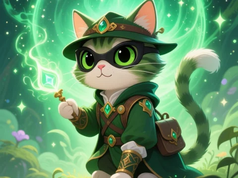 Cute Medieval Spy Cat with Magical Staff