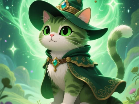 Cute Medieval Wizard Cat in Enchanted Forest