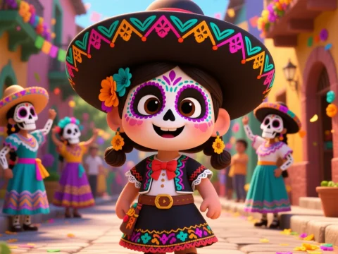 Cute Mexican Girl Celebrating Día de los Muertos
