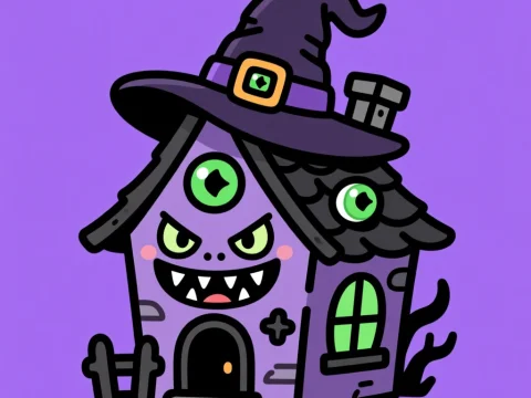 Cute Mini Haunted House with Witch Hat and Monster Face