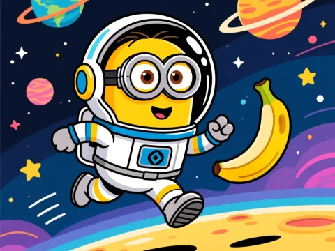 Cute Minion Astronaut Chasing a Banana in Space
