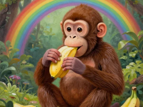 Cute Monkey Eating Banana with Rainbow in Forest
