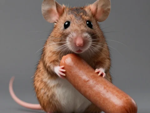 Cute Mouse Holding a Large Sausage