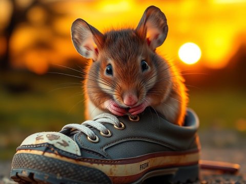 Cute Mouse Nestled in a Shoe at Sunset