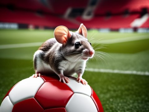 Cute Mouse Sitting on a Soccer Ball in a Stadium
