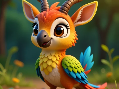 Cute Mythical Hybrid Creature with Parrot and Gazelle Features