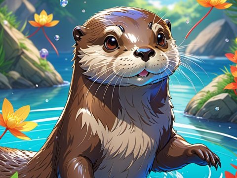 Cute Otter in a Vibrant River Scene
