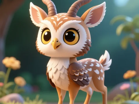 Cute Owl-Gazelle Mythical Hybrid Character