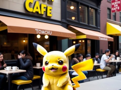 Cute Pikachu at a Cozy Urban Cafe