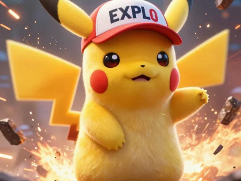 Cute Pikachu Wearing EXPLO Cap in Explosive Scene