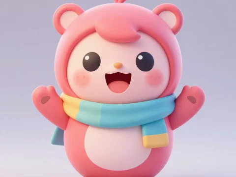 Cute Pink Bear Character with Colorful Scarf