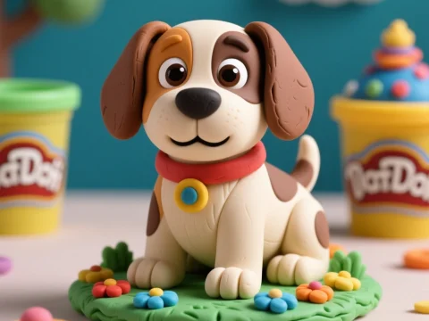 Cute Play-Doh Puppy Sitting on Grass with Flowers