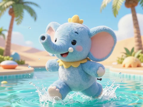 Cute Plush Blue Elephant Splashing in Pool