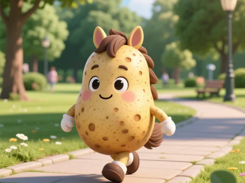 Cute Potato Character Walking in Park