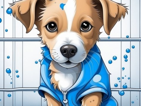 Cute Puppy in Blue Hoodie Cartoon Illustration