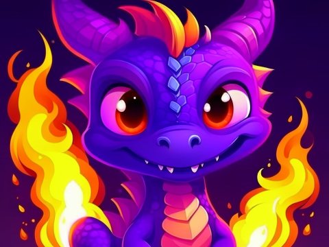 Cute Purple Cartoon Dragon with Flames