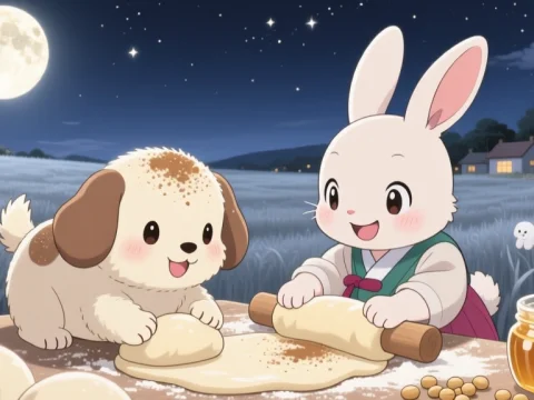 Cute Rabbit and Puppy Making Moon Injeolmi Under Full Moon