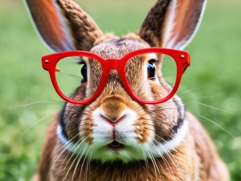 Cute Rabbit Wearing Red Glasses in Green Field