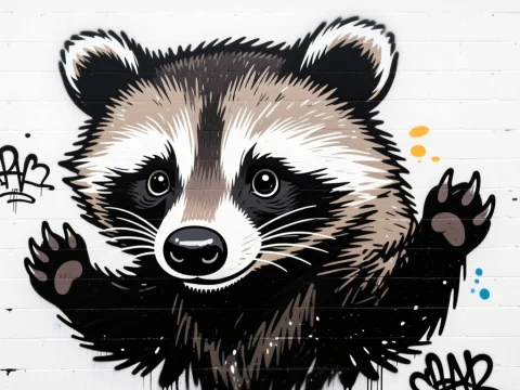 Cute Raccoon Graffiti on White Wall