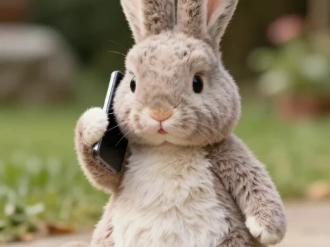 Cute Realistic Bunny Holding a Phone Outdoors