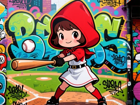 Cute Red Hood Baseball Player Street Art