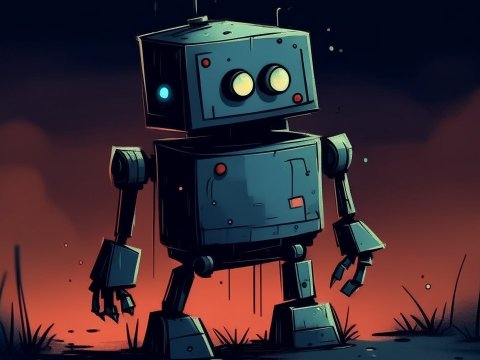 Cute Retro Robot in a Moody Landscape