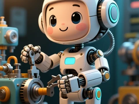 Cute Robot Repairing Machinery in Futuristic Workshop