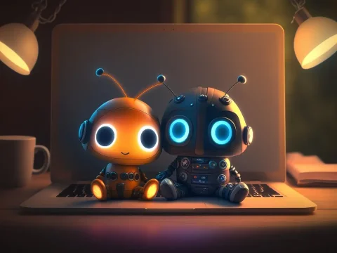 Cute Robot Toys Sitting on Laptop Keyboard