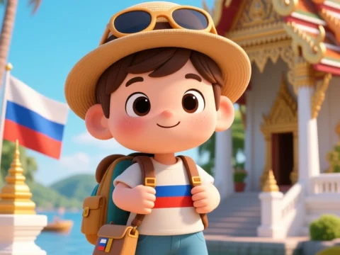 Cute Russian Tourist Boy at Tropical Temple