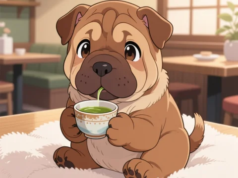 Cute Shar Pei Puppy Sipping Tea in Cozy Cafe