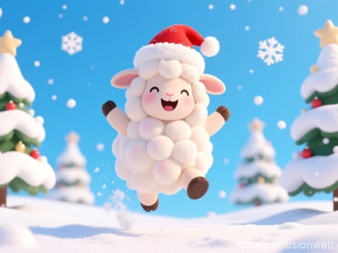 Cute Sheep Jumping in Snowy Christmas Scene