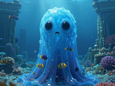 Cute Slimy Blue Monster Underwater with Tropical Fish