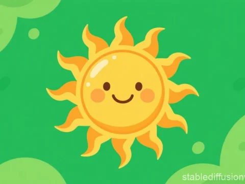Cute Smiling Sun on Green Background