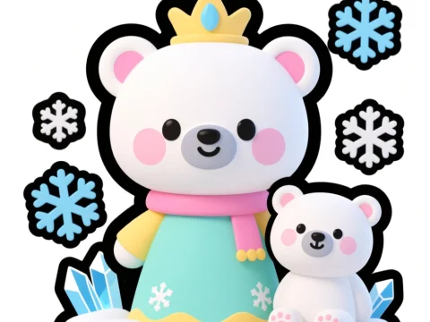 Cute Snow Queen Bear with Baby Polar Bear and Snowflakes