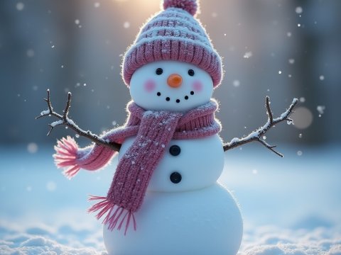 Cute Snowman in Pink Winter Hat and Scarf
