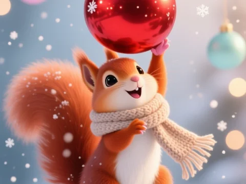 Cute Squirrel Hanging Christmas Ornament in Winter Scene
