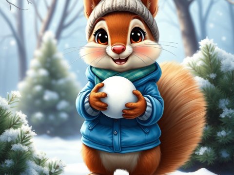 Cute Squirrel Holding Snowball in Winter Forest