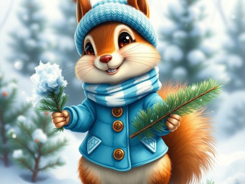 Cute Squirrel in Winter Outfit Holding Pine Branches