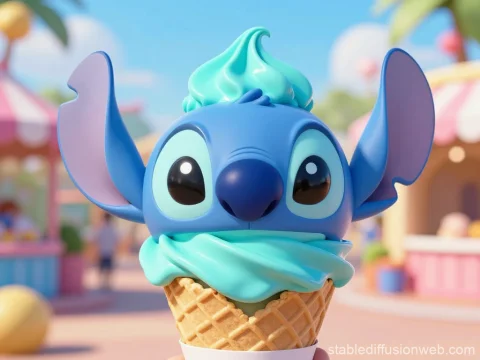 Cute Stitch Ice Cream Cone in Vibrant Theme Park