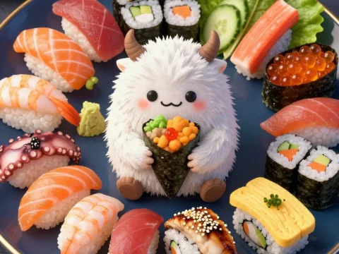 Cute Sushi Monster Surrounded by Assorted Sushi on Blue Plate