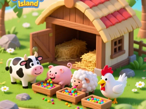 Cute Tropical Farm Animals Feeding Near Stable
