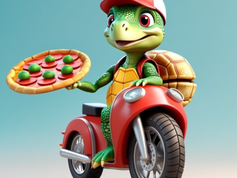 Cute Turtle Pizza Delivery on Red Scooter