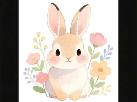 Cute Watercolor Bunny with Floral Accents
