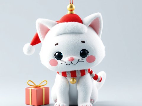 Cute White Cat Ornament with Santa Hat and Gift