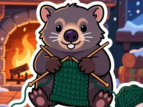 Cute Wombat Knitting by Cozy Fireplace