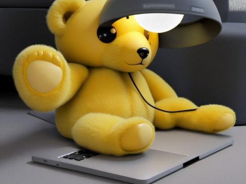 Cute Yellow Teddy Bear Sitting on Laptop Under Desk Lamp